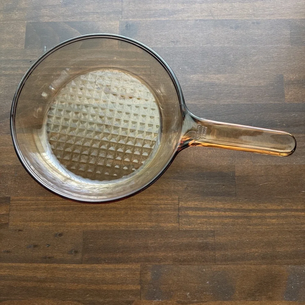 Corning Vision Ware 7 Inch Waffle Bottom Frying Pan Skillet Amber Glass FRANCE 6